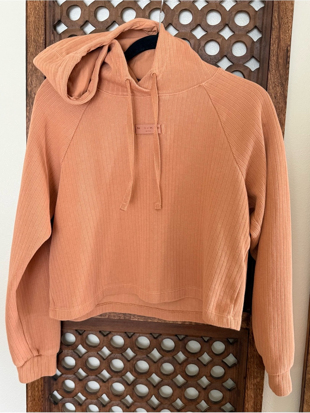 Nike Ribbed Knit Cropped Hoodie Peach Clay Embroidered Swoosh Sweater